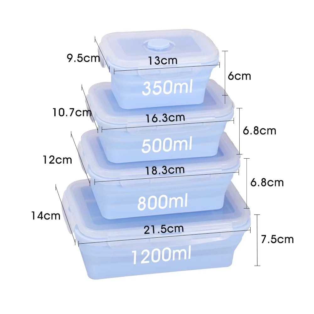 Set of 4 Collapsible Silicone Rectangle Bento Boxes - Folding Food Containers (300/500/800/1200ml) for Dinnerware