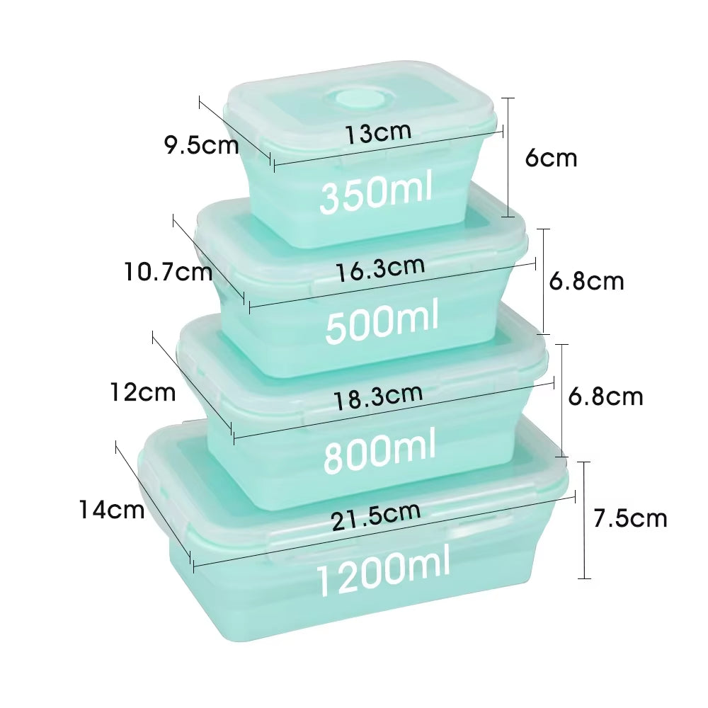 Set of 4 Collapsible Silicone Rectangle Bento Boxes - Folding Food Containers (300/500/800/1200ml) for Dinnerware
