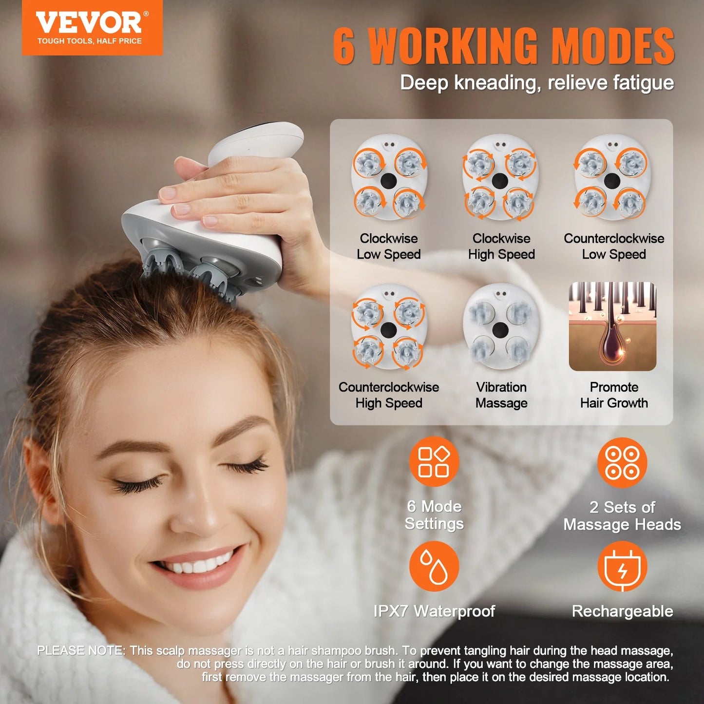 VEVOR Rechargeable Waterproof Electric Scalp Massager - Portable Head Massager