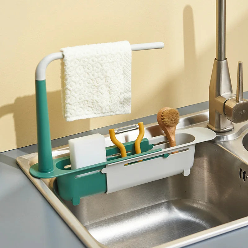 Telescopic Sink Shelf Organizer for Kitchen Sinks - Soap and Sponge Holder with Drain Rack Storage Basket - Essential Kitchen Accessories Tool