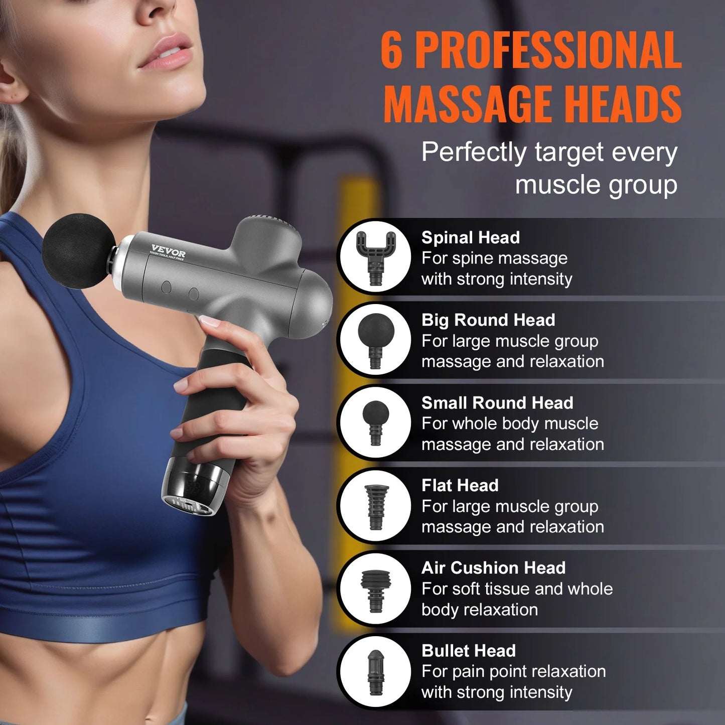 VEVOR Professional Deep Tissue Massage Gun for Athletes - Handheld Percussion Device for Pain Relief and Muscle Relaxation with 8 Speed Settings and 6 Interchangeable Massage Heads, 24V 2500mAh Battery