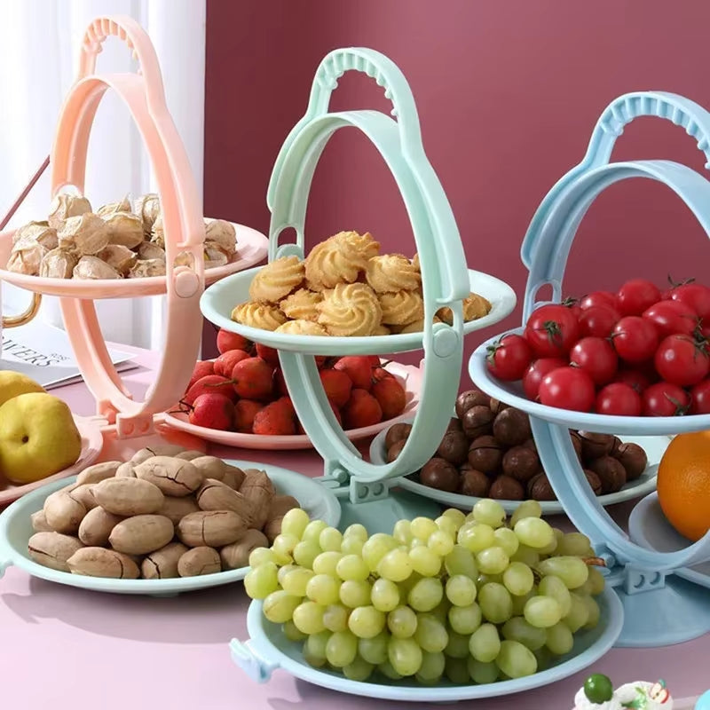 Elegant Double-Layer Folding Fruit and Dessert Tray for Living Room Tea Table - Versatile Snack Plates for Cookies, Dried Fruits, and Nuts