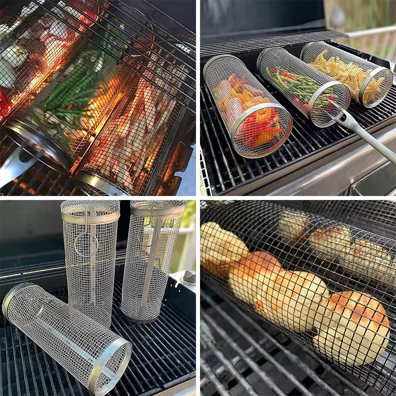 Stainless Steel BBQ Grilling Basket - Portable Round Wire Mesh Cylinder for Outdoor Camping and Barbecue