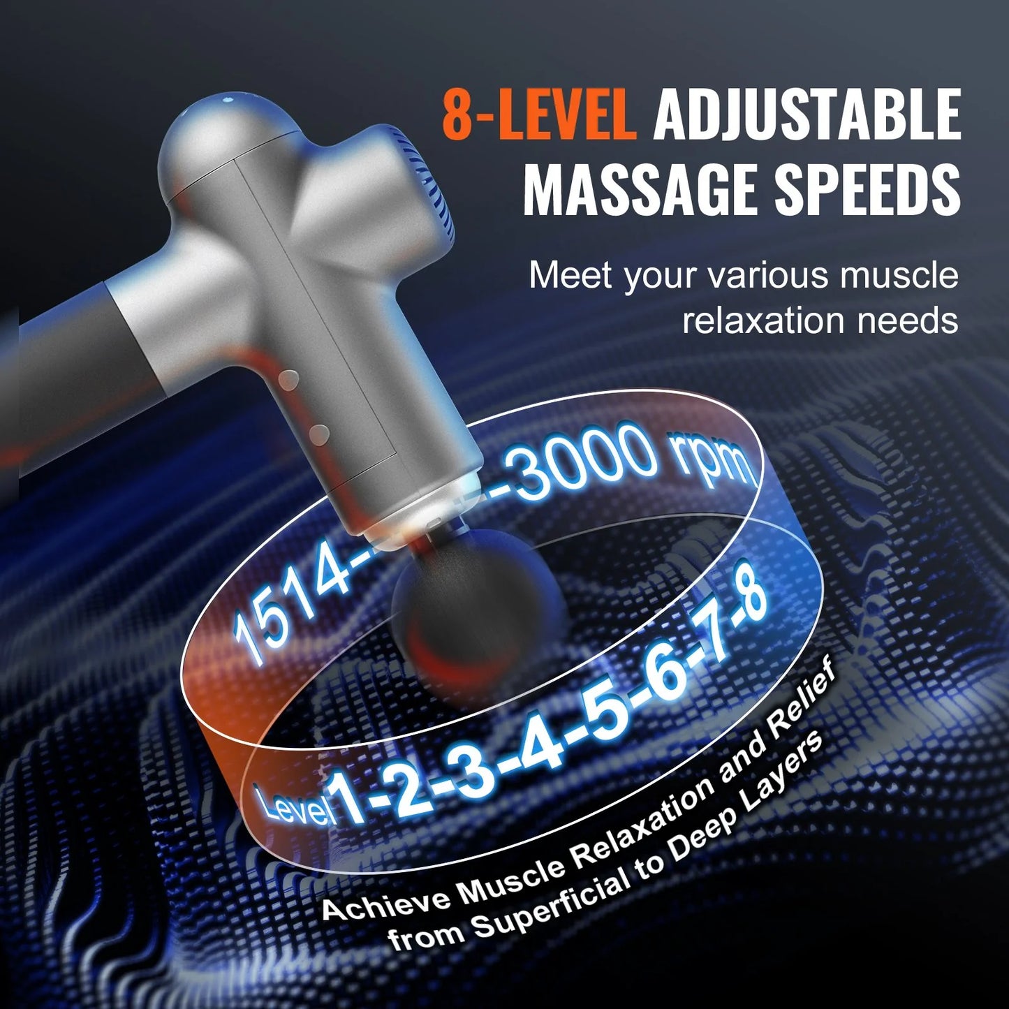 VEVOR Professional Deep Tissue Massage Gun for Athletes - Handheld Percussion Device for Pain Relief and Muscle Relaxation with 8 Speed Settings and 6 Interchangeable Massage Heads, 24V 2500mAh Battery