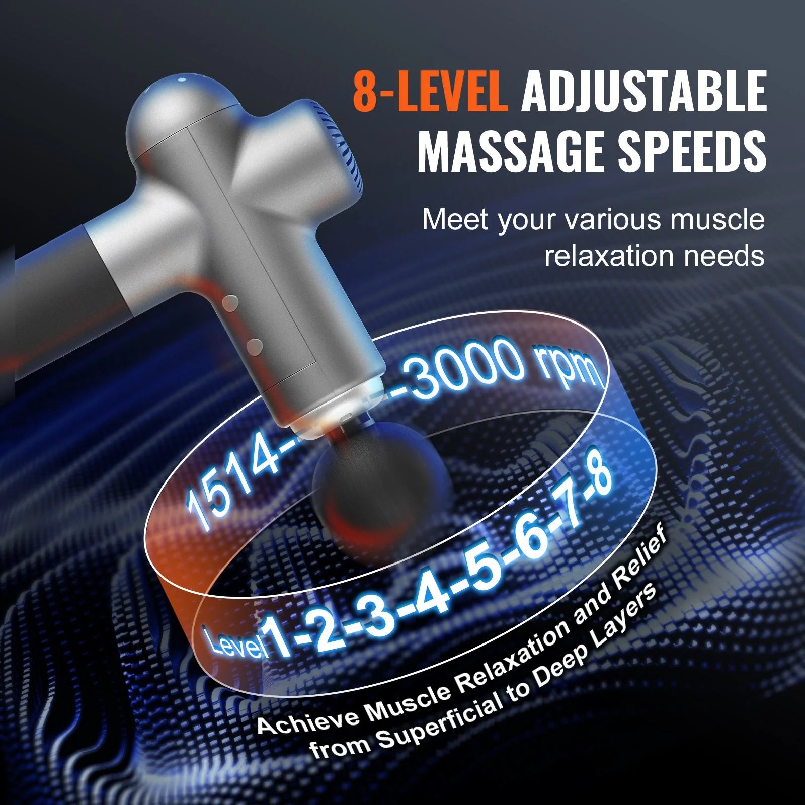 VEVOR Professional Deep Tissue Massage Gun for Athletes - Handheld Percussion Device for Pain Relief and Muscle Relaxation with 8 Speed Settings and 6 Interchangeable Massage Heads, 24V 2500mAh Battery