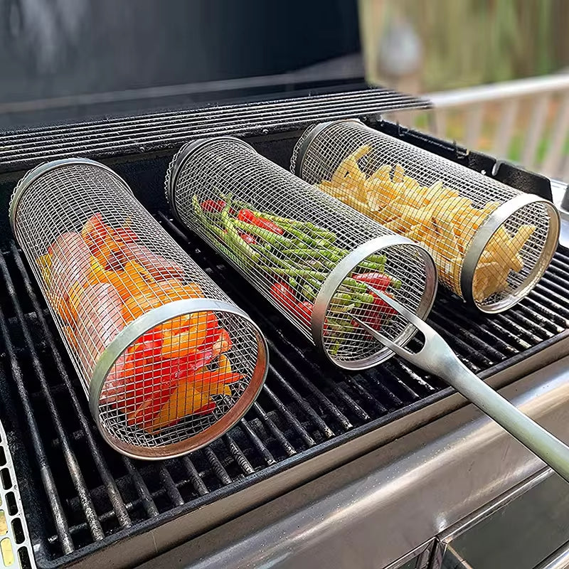 Stainless Steel BBQ Grilling Basket - Portable Round Wire Mesh Cylinder for Outdoor Camping and Barbecue