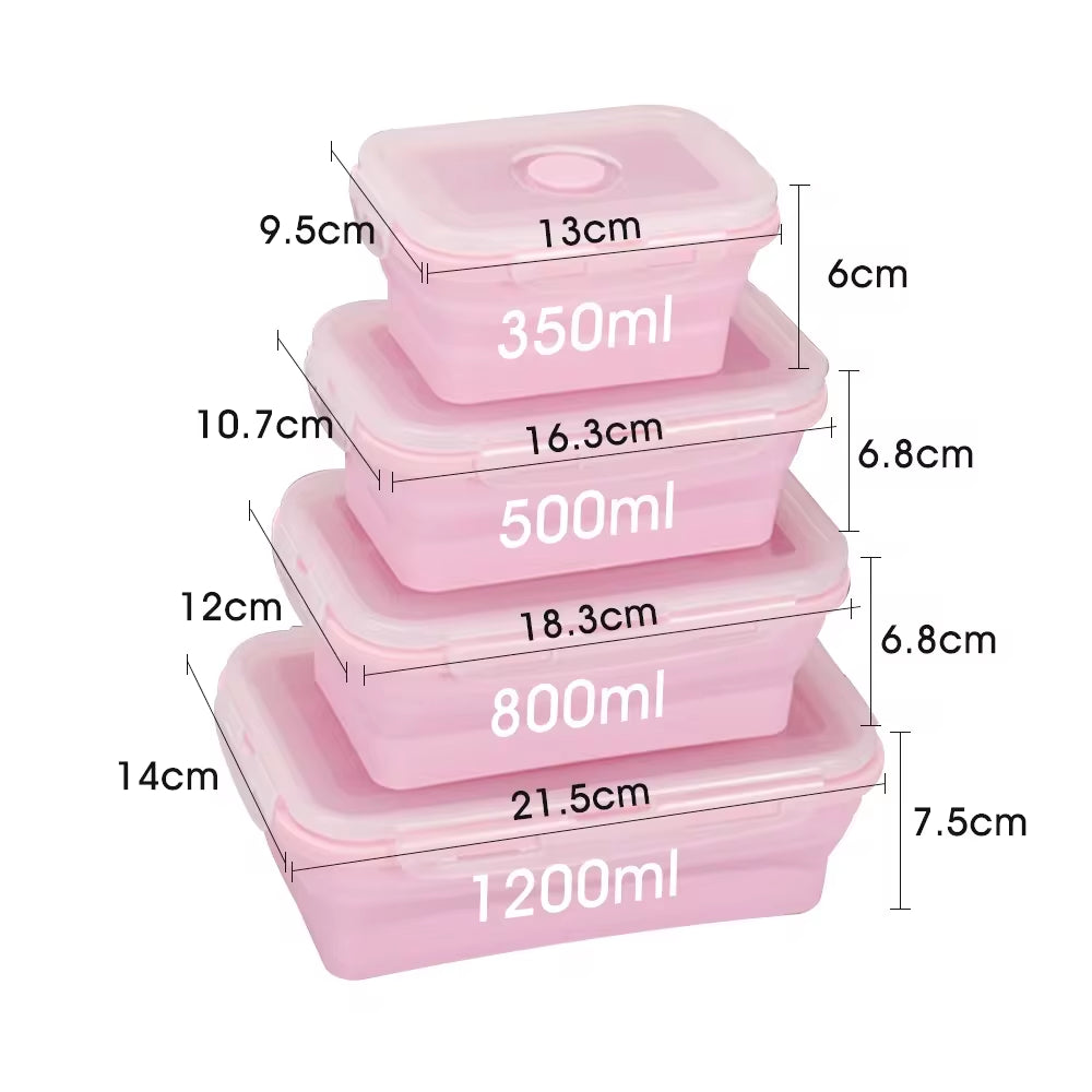 Set of 4 Collapsible Silicone Rectangle Bento Boxes - Folding Food Containers (300/500/800/1200ml) for Dinnerware