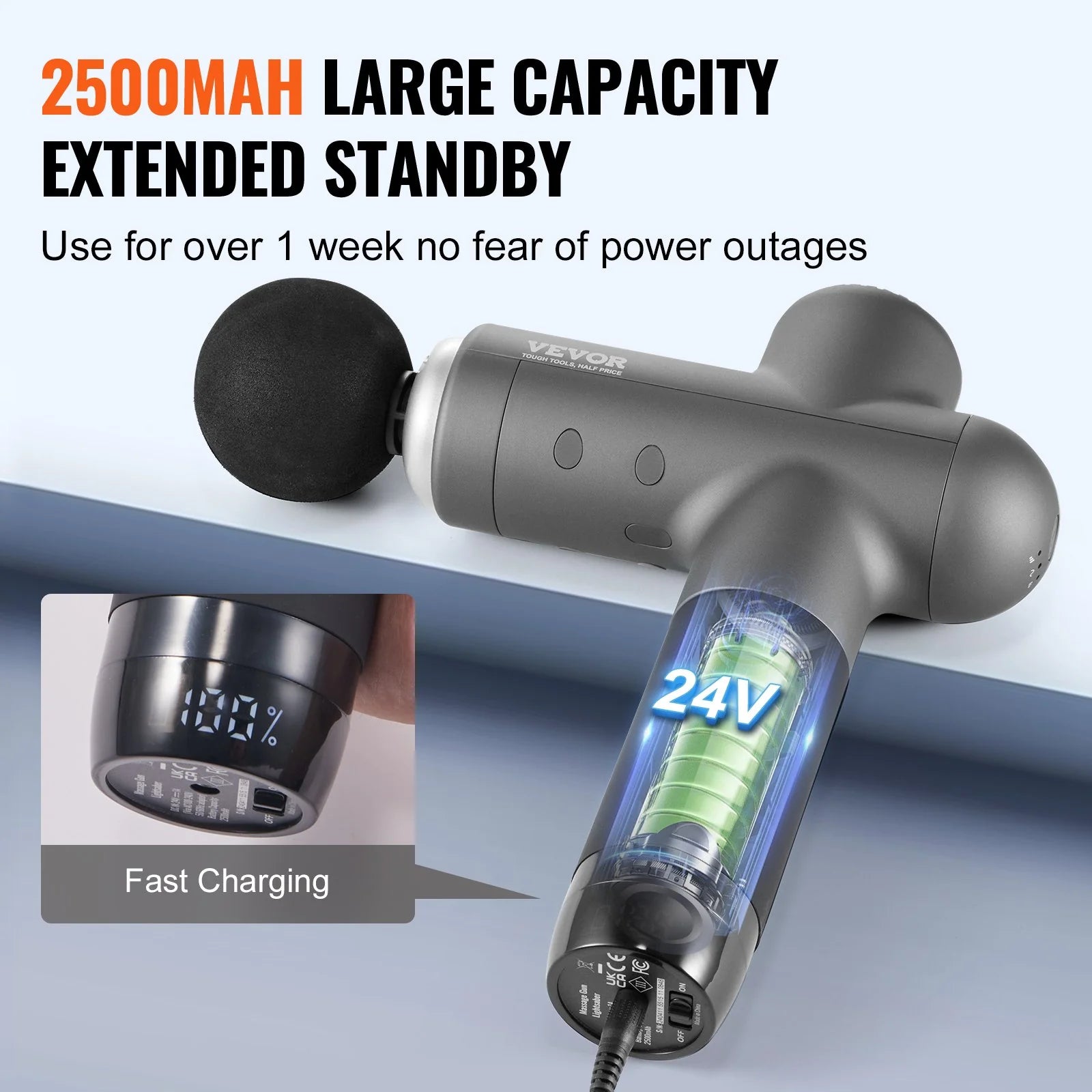 VEVOR Professional Deep Tissue Massage Gun for Athletes - Handheld Percussion Device for Pain Relief and Muscle Relaxation with 8 Speed Settings and 6 Interchangeable Massage Heads, 24V 2500mAh Battery