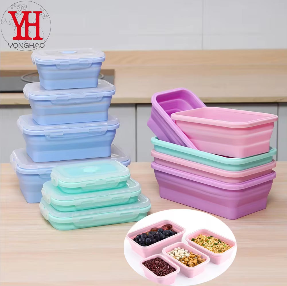 Set of 4 Collapsible Silicone Rectangle Bento Boxes - Folding Food Containers (300/500/800/1200ml) for Dinnerware