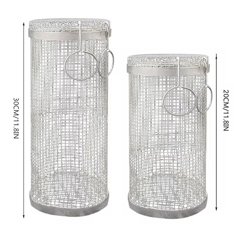 Stainless Steel BBQ Grilling Basket - Portable Round Wire Mesh Cylinder for Outdoor Camping and Barbecue