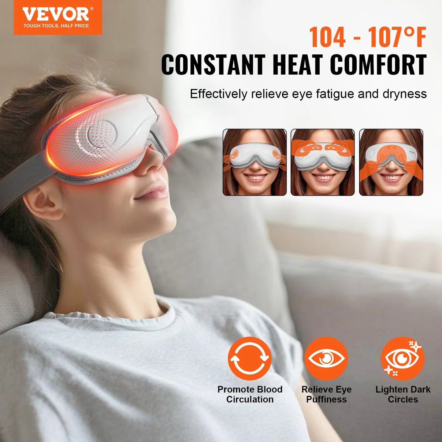 VEVOR Bluetooth-Enabled Heated Eye Massager with 5 Modes and 180-Degree Foldable Design