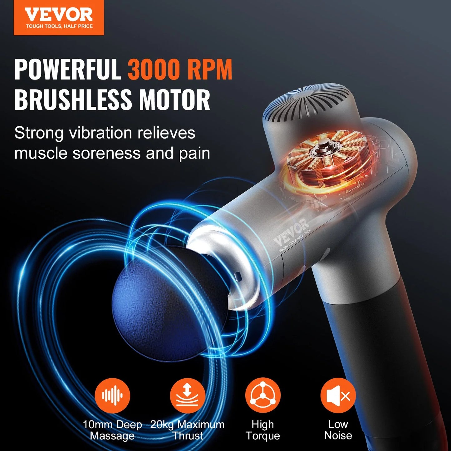 VEVOR Professional Deep Tissue Massage Gun for Athletes - Handheld Percussion Device for Pain Relief and Muscle Relaxation with 8 Speed Settings and 6 Interchangeable Massage Heads, 24V 2500mAh Battery