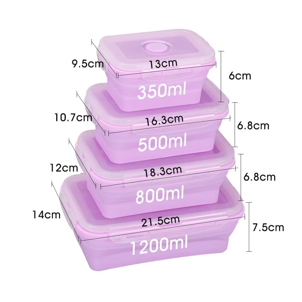Set of 4 Collapsible Silicone Rectangle Bento Boxes - Folding Food Containers (300/500/800/1200ml) for Dinnerware