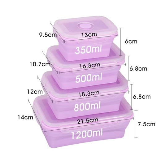 Set of 4 Collapsible Silicone Rectangle Bento Boxes - Folding Food Containers (300/500/800/1200ml) for Dinnerware
