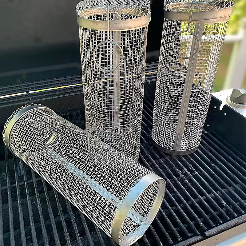 Stainless Steel BBQ Grilling Basket - Portable Round Wire Mesh Cylinder for Outdoor Camping and Barbecue