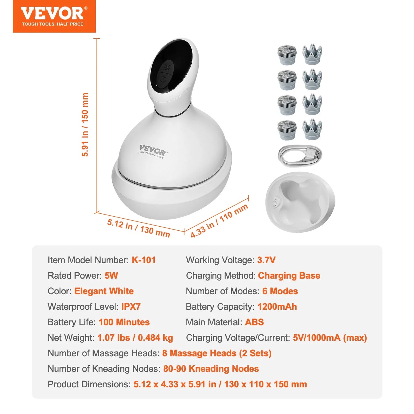 VEVOR Rechargeable Waterproof Electric Scalp Massager - Portable Head Massager